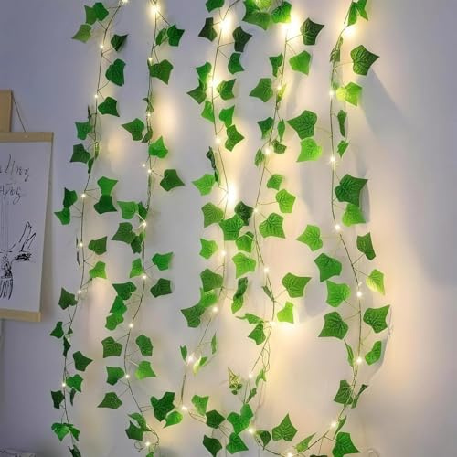 Lichterkette mit Blättern, Efeu Künstlich mit Lichterkette, Grüne Blatt Efeuranke mit 100 LED Licht, Efeugirlande Lichterkette Innen 10m, Frühling Pflanzen Dekoration für Hochzeit Party (Warmweiß)