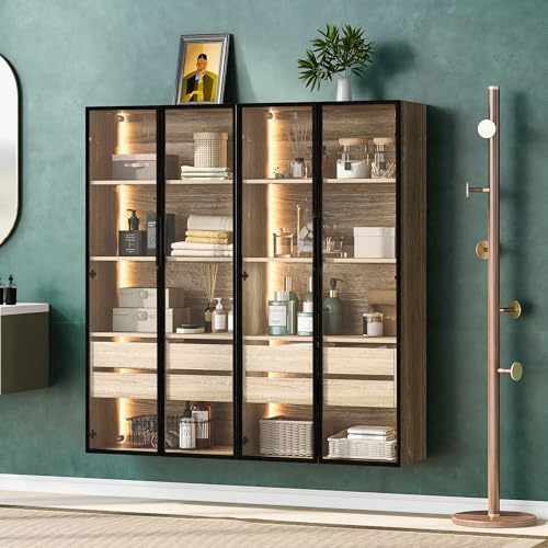 AilZylphera Vitrinenschrank mit LED, 148x36x155cm Badezimmerschrank Hoch mit Schublade Glasvitrine Hängend Aufbewahrungsschrank Küchenschrank Wohnzimmer Vitrine Glas Hochschrank (C x 2, Natural)