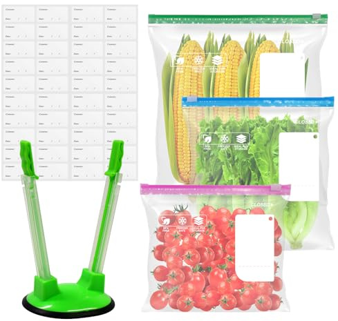 Sumdirect 50-Pack Slider Zip Lock Bags Set, 3 Size Reusable Freezer & Food Storage Bags (4.55L, 2.27L, 1.14L) with Expandable Bottom, 50 Sticker Labels & Bag Holder