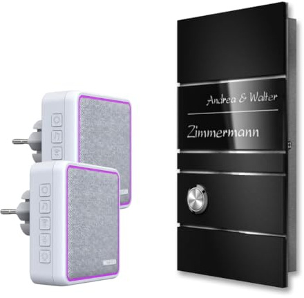 Metzler® Funkklingel Ava Slim mit Gravur und 2 Steckdosenempfängern, Tiefschwarz RAL 9005, kabellos, bis zu 200 m Reichweite im Freifeld, V2A Edelstahl und Acrylglas, Aufputz, 11 × 20 cm