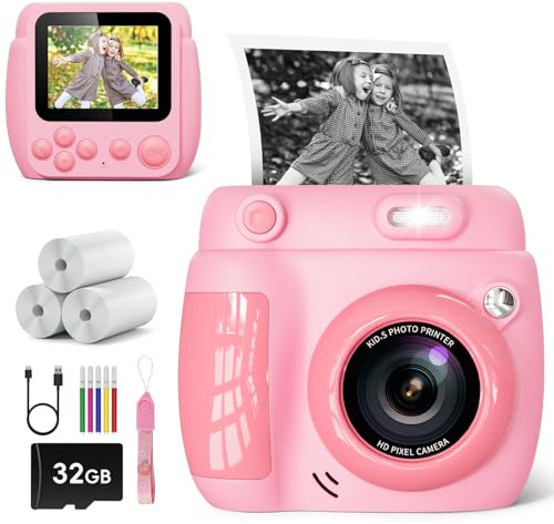 Appareil Photo Instantané Enfant – Cadeau Noël & Anniversaire pour Garçons Filles 3-10 Ans, Jouet Éducatif avec Vidéo 1080P, 20MP, 3 Rouleaux Papier & Carte Mémoire 32GB