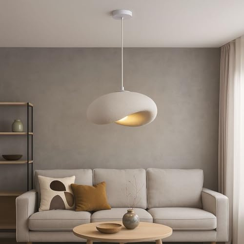 BARCELONA LED Lámpara Colgante Wabi Sabi Blanca 40cm Techo Moderna Japonesa Estilo Industrial y Clásico, Diseño Grande Imitación Piedra Cemento para Salón Comedor Cocina E27