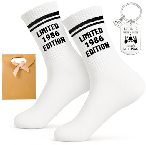 PIujsym Coffret cadeau pour 40e anniversaire pour homme, édition limitée 1986, chaussettes EU 38-45, porte-clés et sac cadeau, cadeau amusant pour 40e anniversaire, cadeau pour hommes et cadeaux, 40e