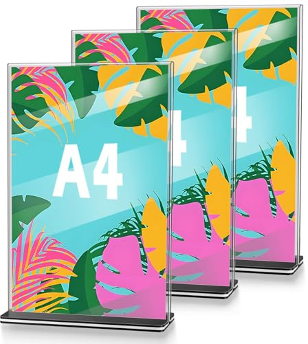 Primasage 3 Stück Transparent Tischaufsteller a4 mit Holzsockel Aufsteller A4 t-ständer Aufsteller Doppelseitiger für Büros, Restaurants, Geschäfte, Hotels, Theken
