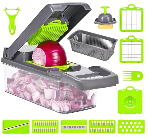 HOMYRA-Coupe Légumes Multifonction 16 en 1 – Mandoline Manuelle avec Bac Collecteur – Dés, Rondelles, Julienne, Râpe – Oignon, Carotte, Pomme de Terre, Concombre – Sans Électricité