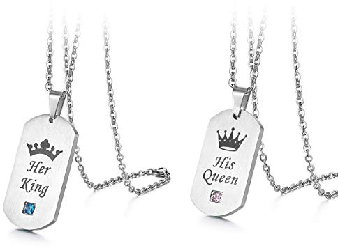 Flongo Pärchen Partner Anhänger Halskette Set, Zirkonia Edelstahl Halskette Kette mit Gravur Krone Erkennungsmarke Dog Tag Schwarz Silber Partner Ketten Herren,Damen