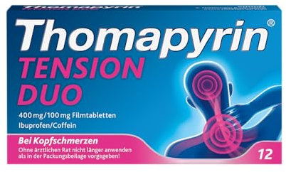Thomapyrin TENSION DUO Schmerztabletten bei stärkeren Kopfschmerzen| 12 Stk | Einzigartige Kombination aus Ibuprofen und dem Booster Coffein | Wirkt 40% stärker als Ibuprofen 400 mg