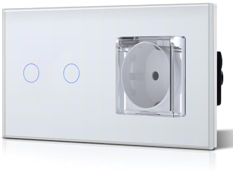 BSEED Interruptor Tactil y Enchufe Estanco, Exterior Enchufes Empotrable Con Cristal,Seguridad infantil,Fácil Instalación,2 Gang 1 Vía + 1 Enchufe,157mm Blanco