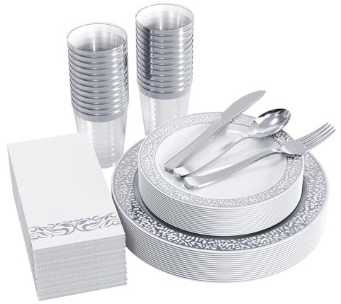 FOCUSLINE 175 Ct Silver Dinnerware Set for 25 Guests, Plastic Plates with Silver Lace Rim Design, Including 25 Disposable Dinner & Dessert Plates, Cups, Napkins, Cutlery Set