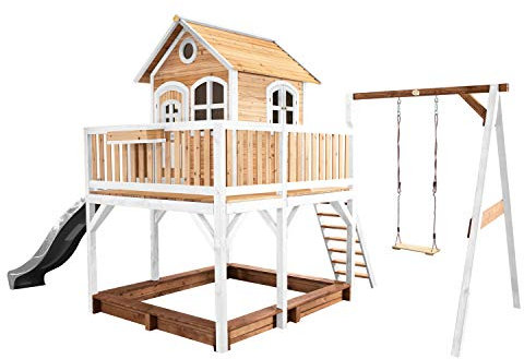 AXI Liam Maison Enfant avec Bac à Sable, Balançoire & Toboggan Gris | Aire de Jeux pour l'extérieur en Marron & Blanc | Maisonnette/Cabane de Jeu en Bois FSC