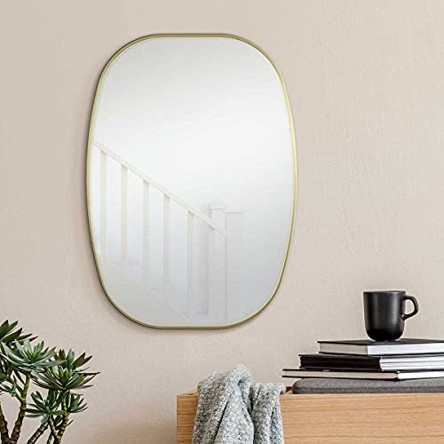 PHOTOLINI Badezimmer Spiegel oval Gold 50x70 cm mit Metallrahmen, Bad Spiegel, Goldener ovaler Wandspiegel zum Aufhängen, schmaler Rahmen, Dekoratives Highlight für Flur, Garderobe und Gäste WC