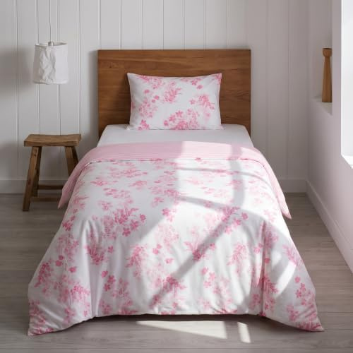 LERUUM Bettwäsche 135x200 Baumwolle Mädchen Rosa Blumen Gestreift Wendbar