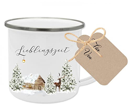 Manufaktur Liebevoll Weihnachtstasse - winterliche Tasse für die Lieblingszeit des Jahres - wunderschöne Winterlandschaft mit verschneiten Tannen, Elch, beleuchteter Holzhütte und Laterne