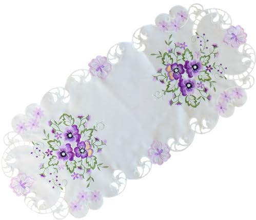 matches21 HOME & HOBBY Tischdecke Elke 40 x 90 cm oval edle Stickerei mit lila Stiefmütterchen & Cutwork aus Polyester