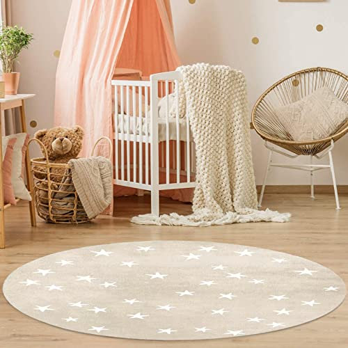 Trayosin Kinderteppich Kinderzimmer Teppich Spielteppich Rund Groß Spielteppich Mit Sterne Design fürs Babyzimmer Kleinkinderzimmer (Beige,120cm)