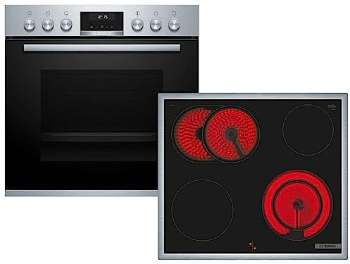 Bosch HND411LR62 Herd-Glaskeramik-Kochfeld-Kombination (herdgesteuert), 59,4 cm breit, 3D Heißluft-Backen auf drei Ebenen, Rote LED-Display-Steuerung, Kindersicherung