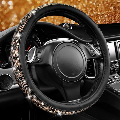 CAR PASS Bling Diamond Steering Wheel Cover Leopard Pattern, Sparkly Crystal Glitter Rhinestones Black Leather Wheel Protect for Women Girl Fit Suvs,Vans,Sedans,Cars,Trucks, 14 1/2-15 Gold Leopard