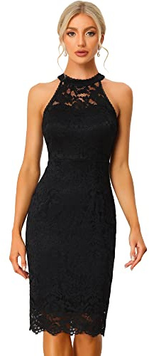 Allegra K Halter Formal Dress for Women's Sleeveless Bodycon Wedding Guest Cocktail Lace Sheath Dress Small Black