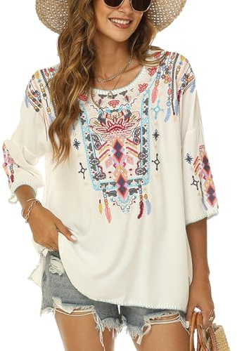 Higustar Mexican Embroidered Tops for Women Traditional Boho Tunics Bohemian Shirts Plus Size Peasant Clothes Blouses White
