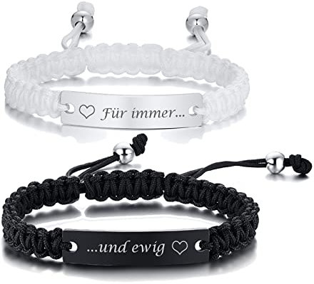 PJ JEWELLERY Partnerarmbänder Paar Armband Herren Damen - Weiß Schwarz Seil Geflochtenes Armbänder Gravur Für Immer Und Ewig Für Paar Freunde, Partner Pärchen Armband Geschenke Für Ihn Ihre