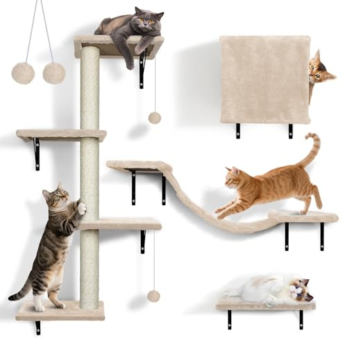 Zvonema Mur d'escalade pour Chat - Grand Pont Suspendu - Colonnes à gratter avec sisal - Étagère Murale de Repos et de Jeu avec Boule de Trace - Meubles pour Chat - pour l'intérieur jusqu'à 10 kg