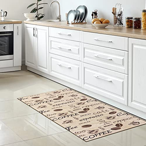 CARPETIA Küchenläufer Kaffee-Collage Beige Braun rutschfest 67x180 cm | Rutschfest, pflegeleicht, schmutzabweisend und strapazierfähig, OEKO-TEX geprüft, für Fußbodenheizung, Küche & Esszimmer