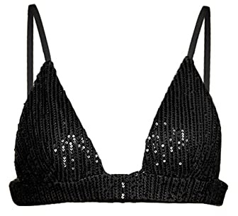 Owegvia Top da donna con glitter scintillanti, camicia con paillettes, senza maniche, spalline sottili, scollo a V profondo, pantaloni con paillettes, set per feste in discoteca, Reggiseno nero., M