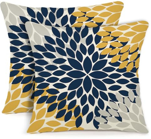 YCOLL Kissenbezug 50x50 2er Set Dekokissen Leinen Sofakissen Zierkissen Gelb und Blau Dahlie Kissenbezüge,für Sofa Schlafzimmer Wohnzimmer Outdoor Kissenhülle 50x50cm A251-20