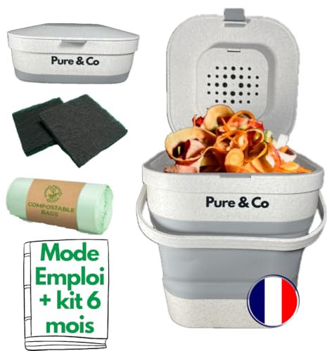 Pure&Co -Composteur Cuisine Pliable 4L -Poubelle Compost Table Déchet Alimentaire -Anti Odeur Couvercle+Filtre-Bioseau -Appartement Petit Plan Travail -Jardin -Recyclage -Kit Démarrage Offert