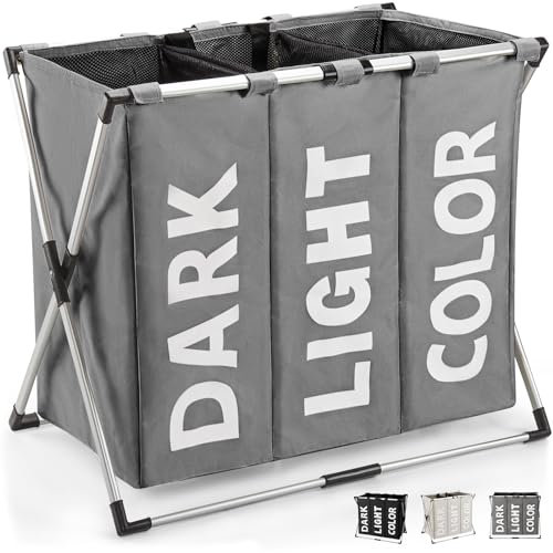 Virklyee Cesto della Biancheria 3 Scomparti Portabiancheria Tessuto Oxford Organizzatore 100L Pieghevoli Multifunzione Cesto Portaoggetti con Manico per la Conservazione Domestica(Grigio)