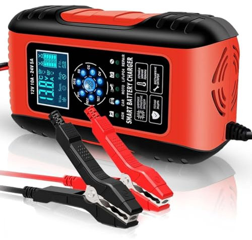 Paociuro Caricabatterie Intelligente per Auto 12V/10A 24V/5A con 7 Stadi di Carica, per Batterie al Acido, Wet e Gel, Spina Europea