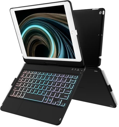TQQ Tastatur Hülle für iPad 10.2 Zoll (7., 8. und 9. Generation) mit Präzisions-Trackpad, Notebook-ähnlicher Tastatur mit 10-Farbige Hintergrundbeleuchtung, 360° Drehbar, Deutsches QWERTZ-Layout