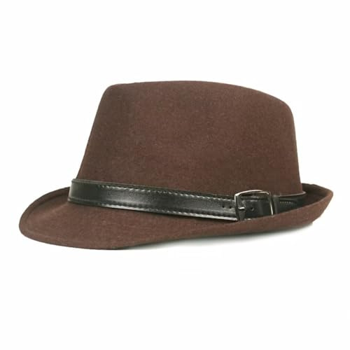 Plancholo Fedoras Trilby hattar kort brätte plommonhatt jazz panamakeps vintage gentleman hatt med bälte för män, Brun, en storlek