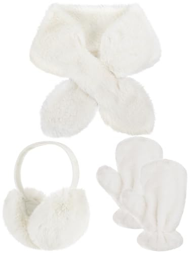 Fourluoo 3 Pcs Winter Faux Fur Set Ear Muffs Gloves Scarf for Women Fluffy Warmer Earmuffs Gifts for Cold Weather Outdoor(White)