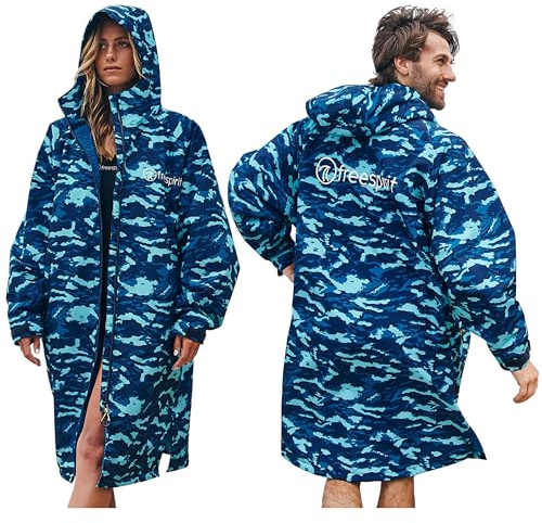 FREESPIRIT Aquarobe Pro with Hood, Deep-Pile Fleece Lining & 2 Zipped Pockets, Waterproof, Breathable, Long-length & Oversized Drying Robe (UK, Alpha, S, M, Regular, Regular, Camo Blue)