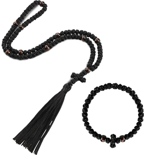 Landical 2 Pcs Handmade Orthodox Prayer Rope 100 Knots and Christian 33 Knots Bracelet Greek Prayer Rosary Protection Blessing Cross Charm Gifts