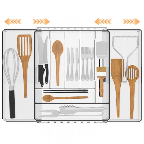 XIALISW Ausziehbarer Besteckhalter für Schubladen, Besteckkasten, verstellbarer Besteckorganizer für Küchenschubladen, Dickwandig Kunststoffhalter für Besteck, Löffel und Gabeln (Clear, Large)