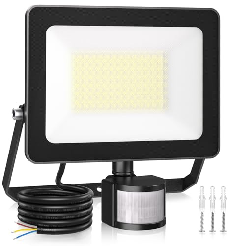 CLV Security Lights Outdoor Motion Sensor, 80W PIR Sensor Security Light 7520 Lumen IP66 Waterproof Motion Sensor Floodlight, 6500K Cold White LED Outdoor Light Mains Powered for Garden