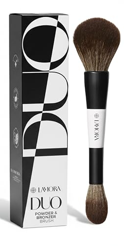 Lamora Polvos + Bronceador Brocha Maquillaje Doble | Brocha Duo para Polvos Compacto o Suelto, Ideal para Aplicar Colorete Iluminador - Vegano, Sin Crueldad & Cerdas Sintéticas