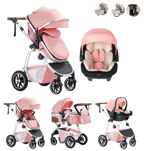 Kakbgee 3 en 1 Carrito Bebé, Cochecito Bebe con ECE R129 Asiento de Coche, Cochecito con Mango Ajustable de Altura, Cochecito Carro de Visión alta con Marco de Aluminio (22KG, 0-4 Años)