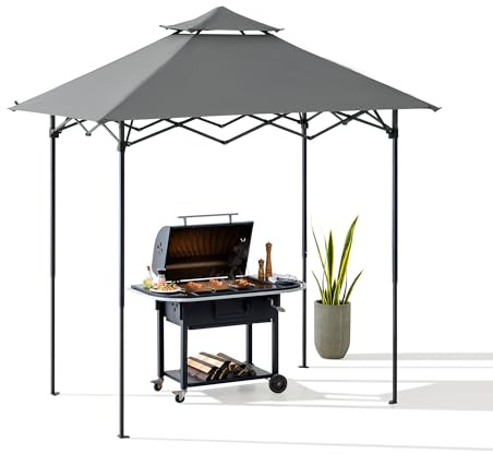 SUNJOY 2,4x1,5 m Pop Up Grillpavillon mit magnetischer LED Leuchte, 2 Höheneinstellungen, doppelt belüftetem Dach, Faltbarer BBQ Grillunterstand mit Tragetasche für Garten, Camping und Picknick
