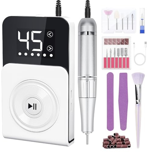 Urbuti Elektrische Nagelfeile Nagelfräser Professioneller 45000RPM, 12 in 1, LCD Maniküre Pediküre Set Elektrisch für Acrylnägel Tragbares Rotierendes Plattenteller Design (Weiß)