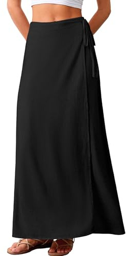 ELLEVEN Women's Linen Long Wrap Skirt Flowy Trendy Summer Elastic Waist Maxi Ankle Length Casual High Waisted A Line Vintage Sexy Boho Low Ries Midi Beach Vacations Skirts Black Large