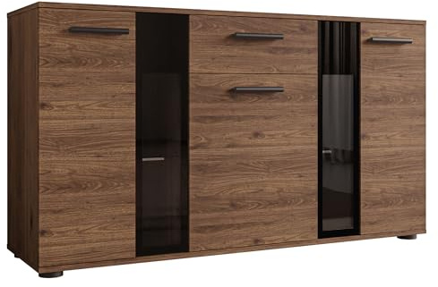 Mirjan24 Kommode Salsa mit 3 Türen, ohne LED (Nuss Okapi) | Elegantes Sideboard mit Schublade, Glasböden, teilverglasten Fronten und kratzfester Oberfläche, B/H/T: 141/80/41 cm