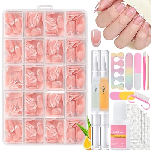 Falsche Nägel Tips Set - 360 Stück French Press on Nails Mandel Kurz, Französisch Falsche Nägel Zum Aufkleben mit 16Pcs Maniküre Set, Weiß Alomnd Fake Nails für Frauen Nail Art Manicure (Weiß French)