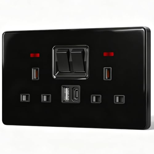 BSEED Double Socket with 20W USB-C Fast Charging,Glass Switched Wall Sockets,13A Electrical outlets with LED Indicator,Screws Included,1 Gang(20W),146mm Black