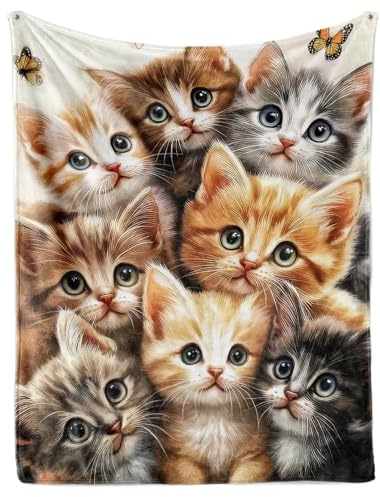 Gosig filt katt, tecknad kattunge, gosig filt, fleecefilt med 3D-djurtryck, mjuk varm fleecefilt som sofföverkast, överkast, vardagsrumstäcke, c, 130x150cm