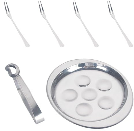 DINHEAROM Vaisselle à Escargots Acier Inoxydable 6 Trous 4 Fourchettes et Pince, Plat pour Escargots et Huîtres Adapté Four et Lave-Vaisselle