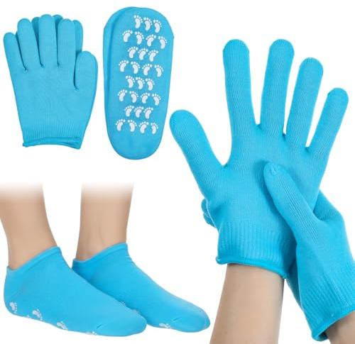 Moisturizing Gloves Socks Set, Reusable Spa Gloves for Dry Hands Overnight, Reusable Foot Moisturizing Socks with Cotton Exterior for Home Care Travel Spa Days
