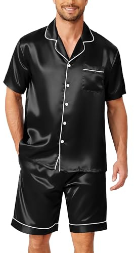 Ekouaer Mens Pajamas Set Silk Satin Pjs Short Sleeve Button Up Lounge Sets | Soft Sleepwear with Pockets,Notch Collar Shirt and Shorts,Big & Tall,Matching Set,Wedding,Birthday,Gifts for Men,Husband